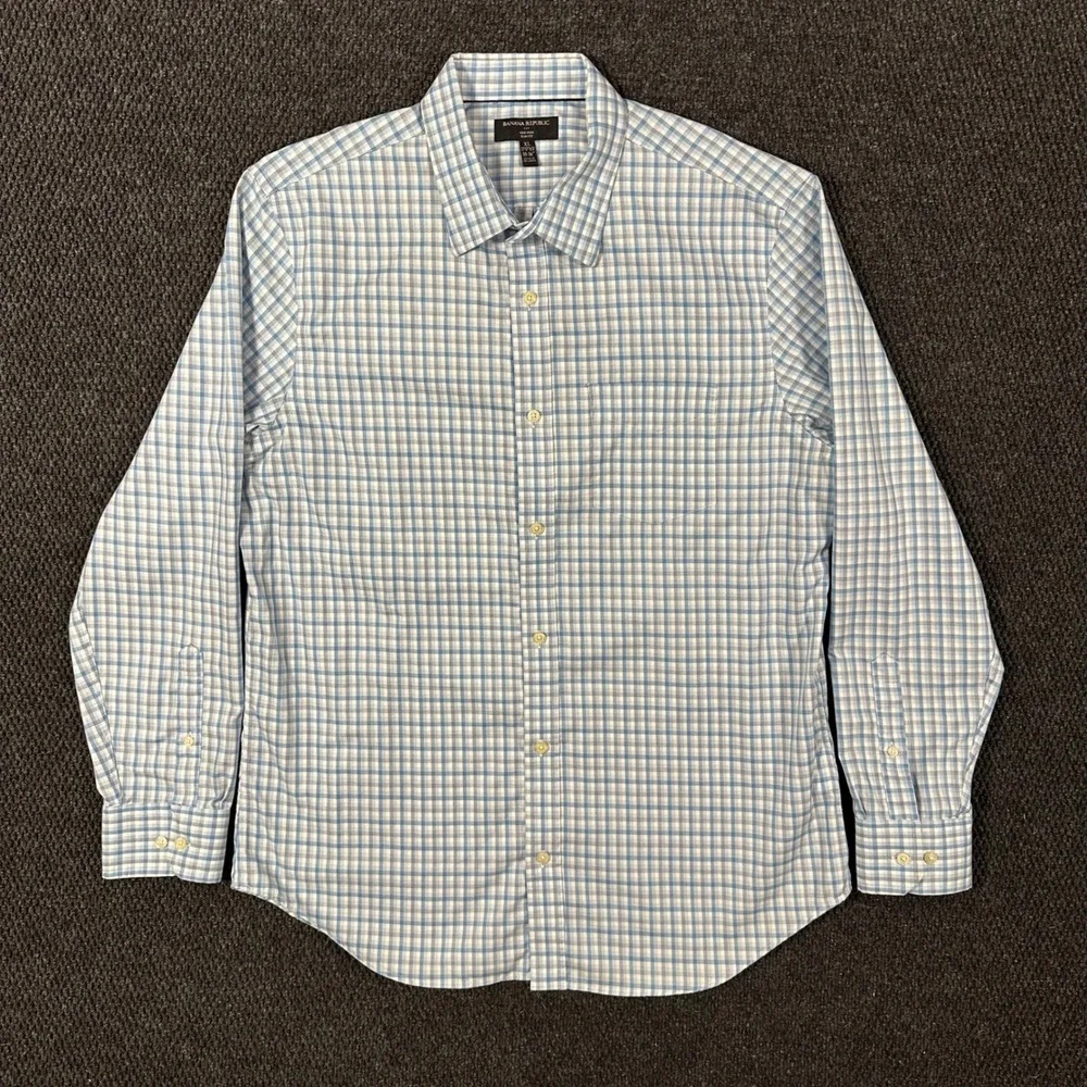 Banana Republic Dress Shirt Mens XL Slim Fit Blue White Gingham Check Non Iron